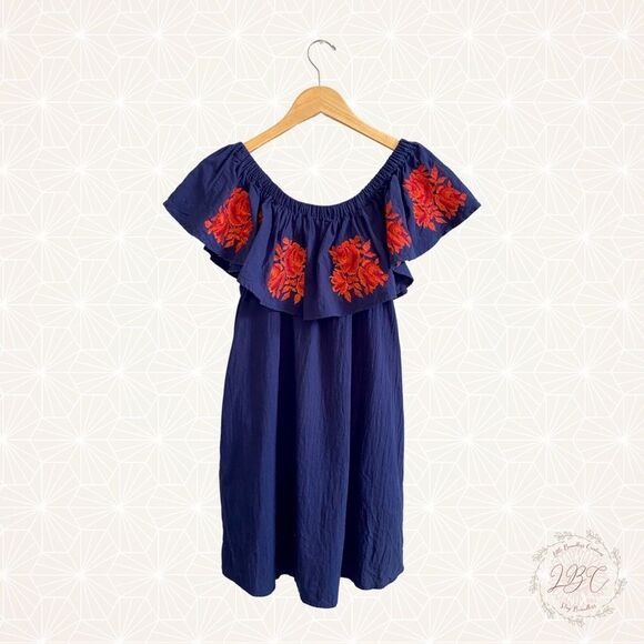 Umgee Off-Shoulder Navy Dress Red Rose Embroidery w Pockets Size Large - Picture 4 of 10